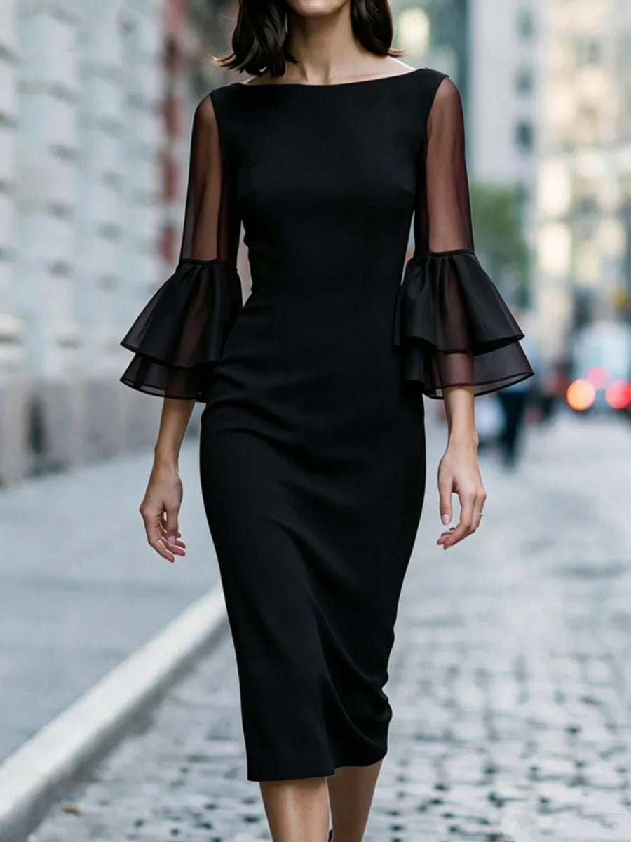 Womens Off-shoulder Sheer Double-layer Flared-sleeve Figure-hugging Sheath Evening Dress by Ricaloux