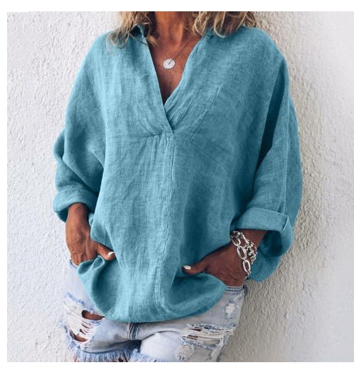 Women's Large Size Solid Color Imitation Cotton And Linen V-neck Long-sleeved Pullover Top - RICALOUX