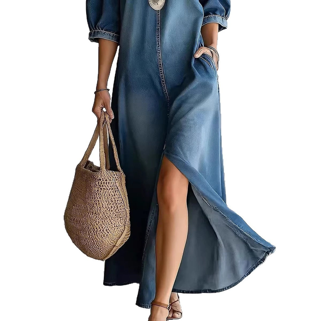 Loose-fit Chic Off-shoulder Slit Denim Maxi Dress by Ricaloux