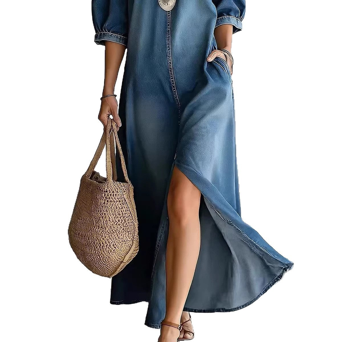 Loose-fit Chic Off-shoulder Slit Denim Maxi Dress by Ricaloux