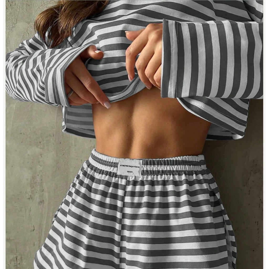Comfortable And Stylish Knitted Striped Long-sleeve Pajama Set With Shorts by Ricaloux