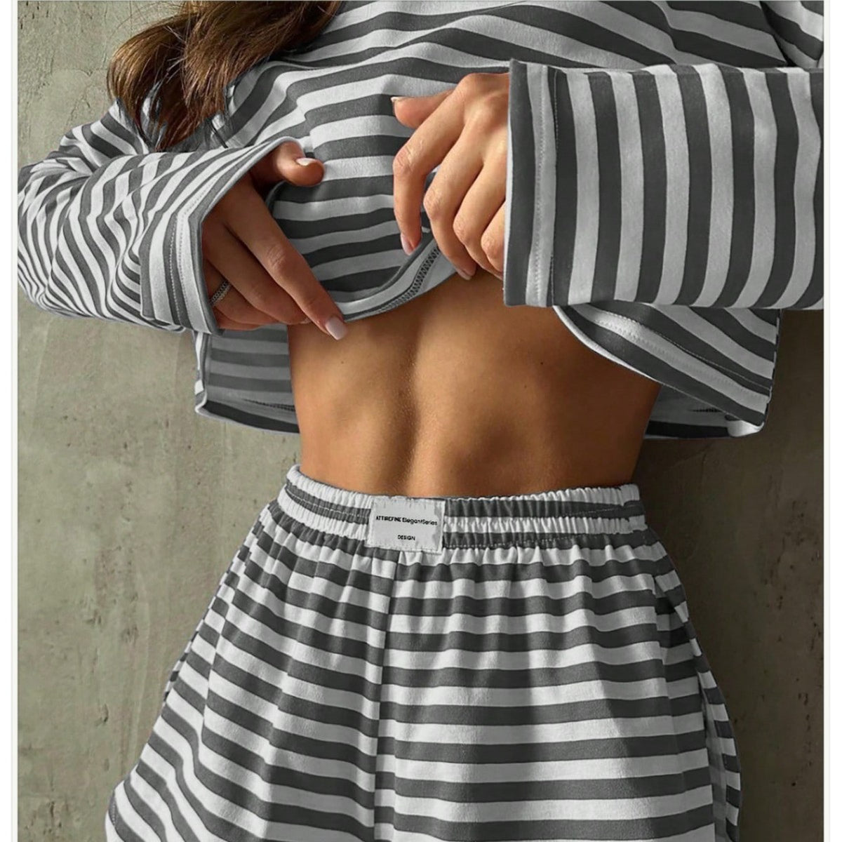 Comfortable And Stylish Knitted Striped Long-sleeve Pajama Set With Shorts by Ricaloux