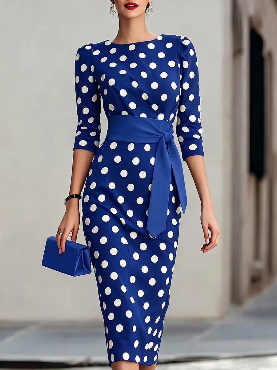 Women Elegant Black White Polka Dot Midi Dress With Waist Belt Three-Quarter Sleeve O Neck Pencil Bodycon Formal Work Office Party Dress by Ricaloux
