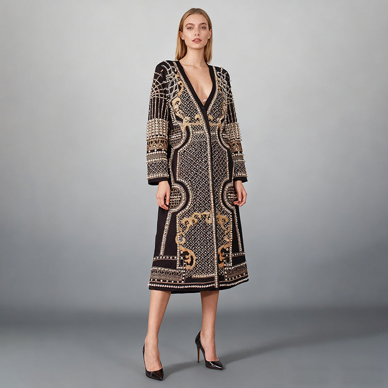Womens Long Suit-Style Trench Coat With Floral Print And Beading by Ricaloux