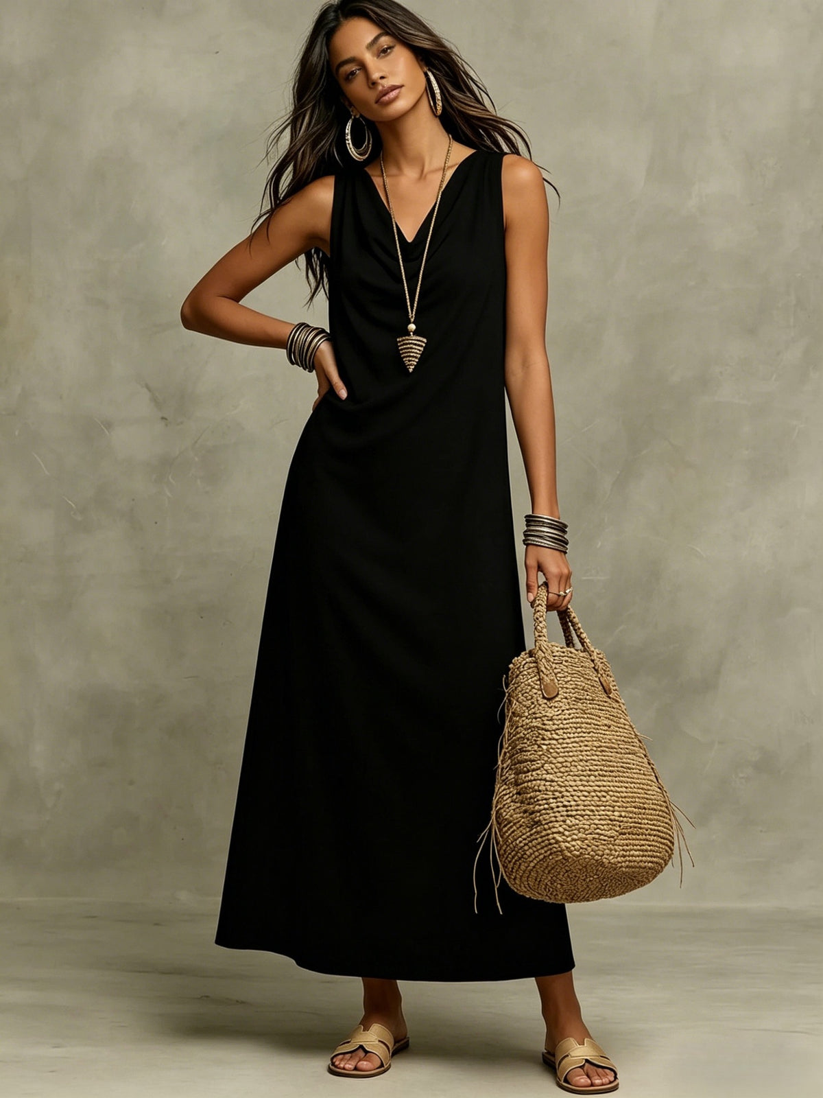 Women's Sleeveless Cowl Neck Maxi Dress With Pockets - Casual Loose Vacation Dress, Multiple Colors Available – Premium 4 | RICALOUX