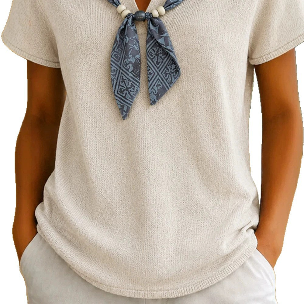 Womens Knitted Polo-neck Top With Short Sleeves And A Ribbon Detail by Ricaloux