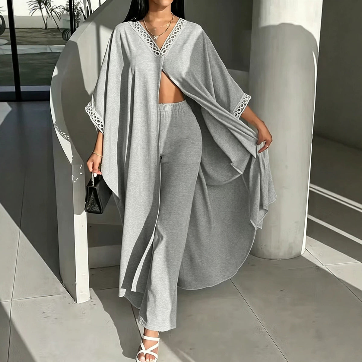 Womens Loose-Fit Batwing-Sleeve Lace V-Neck Coat And Pants Set by Ricaloux