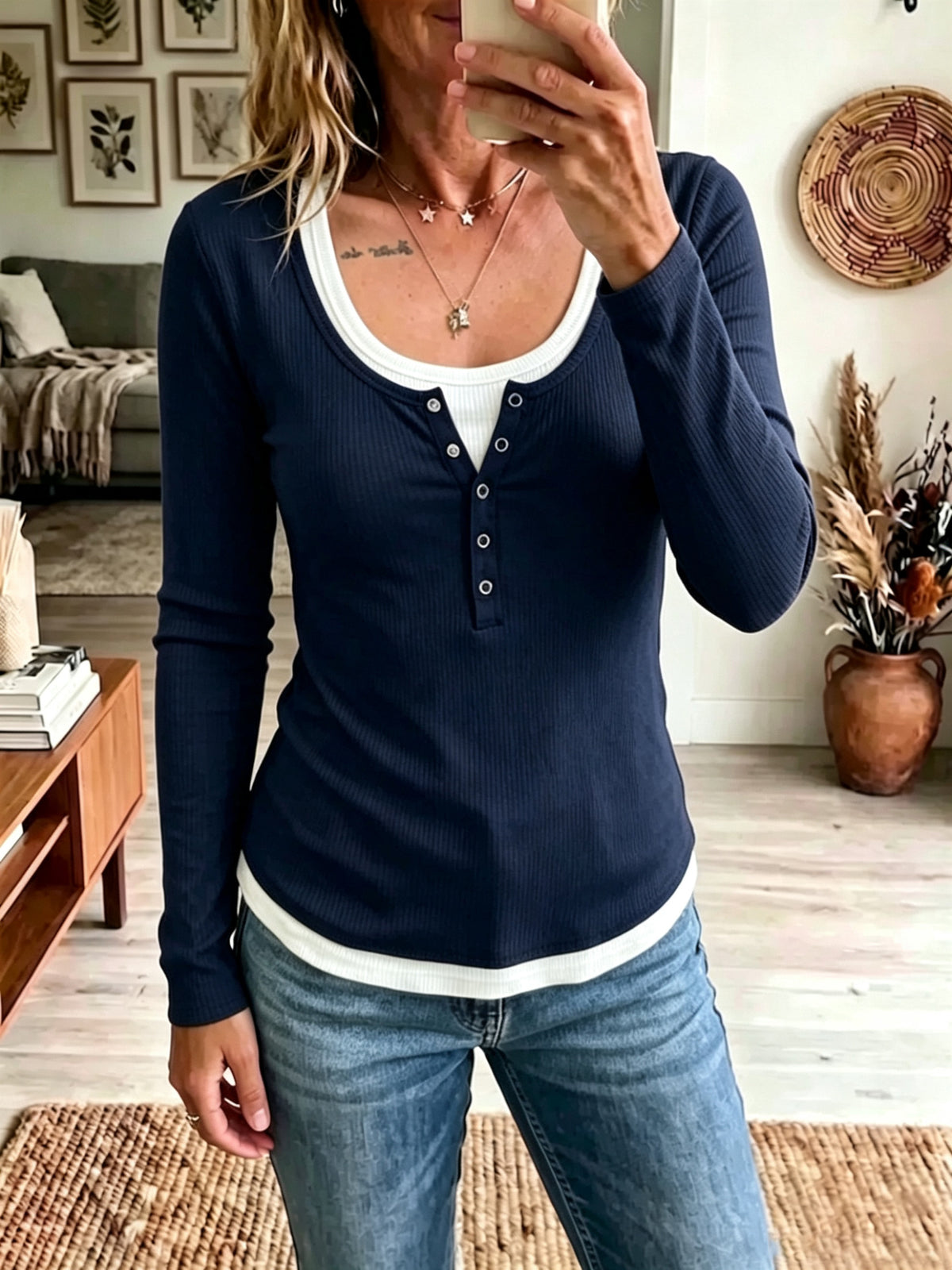 Womens Color-Block Fake Two-Piece Slim-Fit Casual Long-Sleeve T-Shirt – Premium 0 | RICALOUX