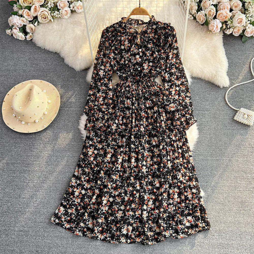 Womens Casual Round-neck Chiffon Dress With Ruffled Trim And Floral Print by Ricaloux