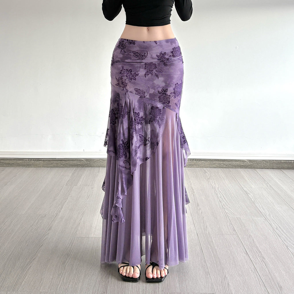 Irregular Purple Floral-print Mesh Patchwork Skirt by Ricaloux