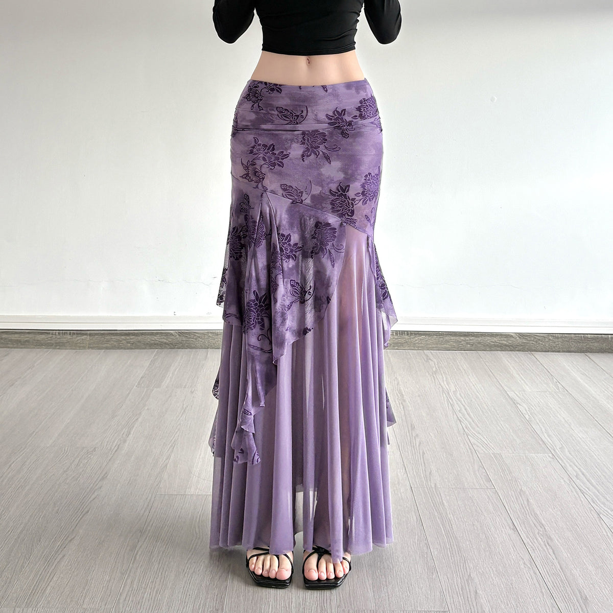 Irregular Purple Floral-print Mesh Patchwork Skirt by Ricaloux