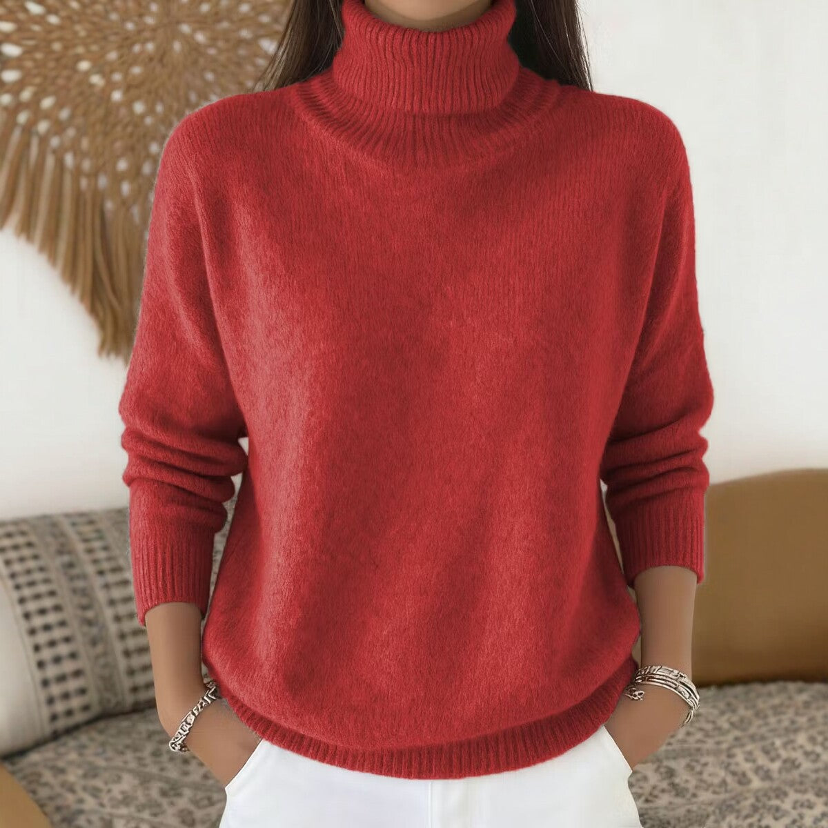 Womens Loose-fitting Solid-color Turtleneck Pullover Knit Sweater by Ricaloux