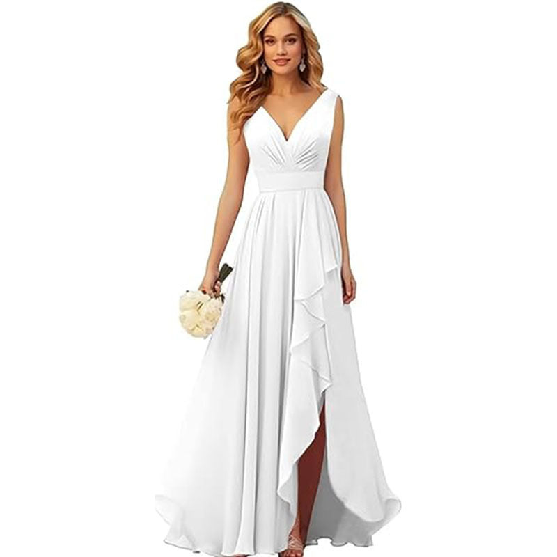 V-neck Pleated Slit Chiffon Dress With Tie Straps – Premium 0 | RICALOUX