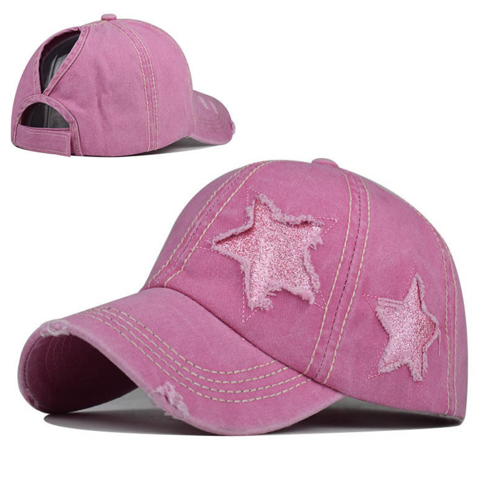 Summer Women's Washed-out Distressed Sequined Five-point Star Baseball Cap For Summer Outings, Sister Gatherings, Trendy Retro Style Hat by Ricaloux