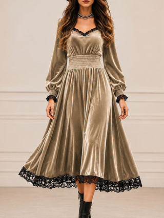 Casual Autumn Lace-Patchwork Velvet Evening Dress by Ricaloux