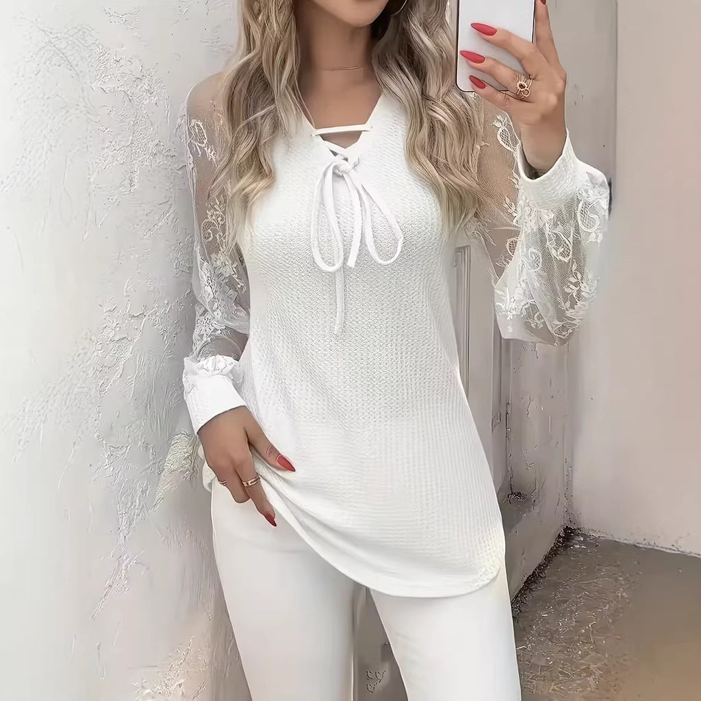 Womens V-neck Long-sleeve Lace-panel Top – Premium 0 | RICALOUX