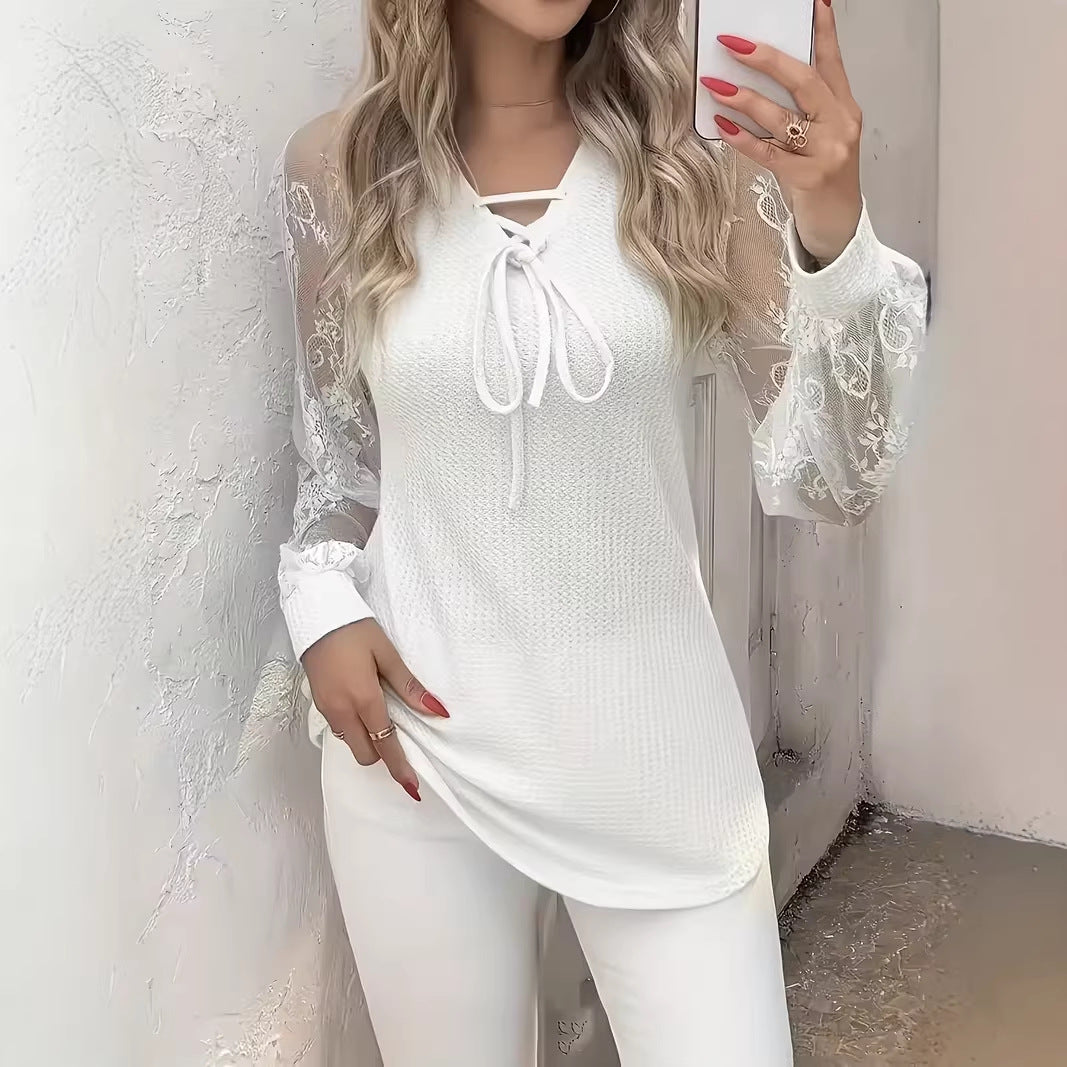 Womens V-neck Long-sleeve Lace-panel Top – Premium 0 | RICALOUX