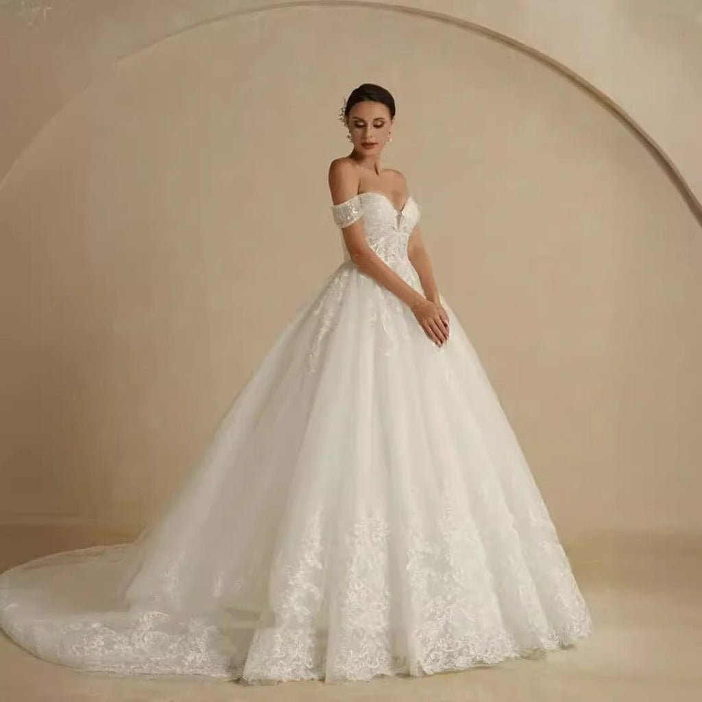 Off-shoulder Bridal Main Wedding Dress Elegant Court Style High-grade Luxury French Light Door Yarn - RICALOUX