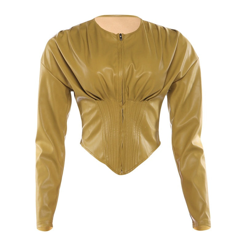 Womens Zip-up Short Jacket With Long Sleeves And A Crew Neck by Ricaloux