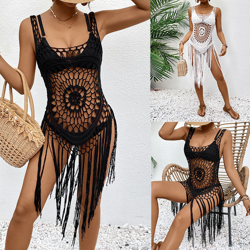 New Hand Crochet Fringe Beach Dress, Hollow Out Halter Bikini Cover Up, Hot Selling Summer Hand Knit Beach Tunic For Amazon Wholesale – Premium 4 | RICALOUX