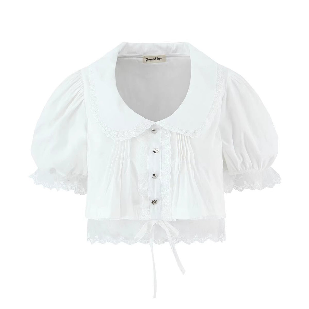Cotton Mesh Lace Panelled Puff-sleeve Spicy-girl Style Cropped Top by Ricaloux