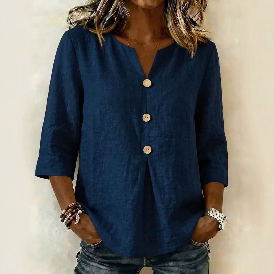 Solid-color V-neck Three-quarter-sleeve Casual Loose-fit Cotton-linen Top by Ricaloux