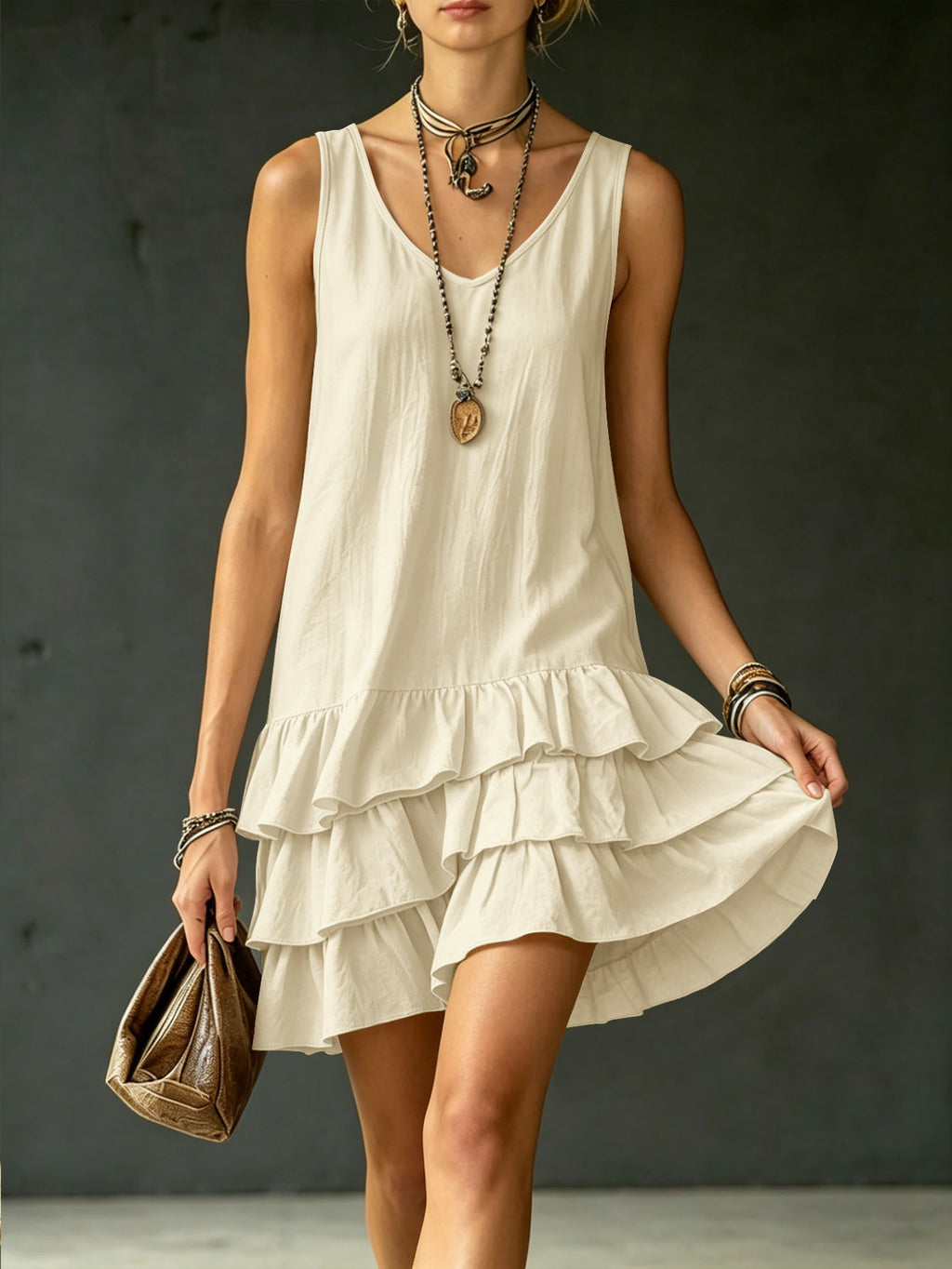 Women's Sleeveless V-Neck Layered Ruffle Mini Dress - Casual Loose Fit Summer Dress – Premium 4 | RICALOUX