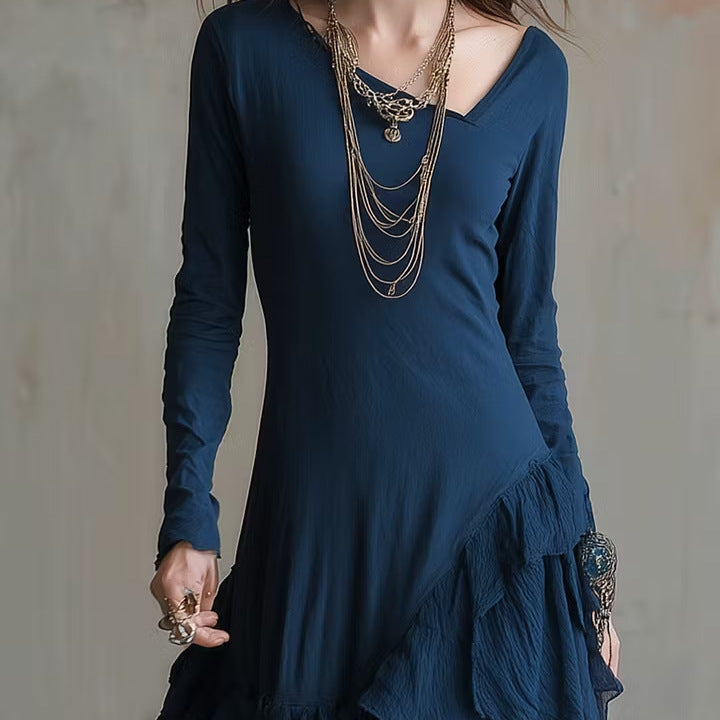 Asymmetrical Ruffled Hem Casual Waist-cinching Slimming Dress With A Mock Neck And Vintage Flair by Ricaloux