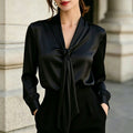 Satin Ribbon V-Neck Knotted Long-Sleeve Shirt For Women – Premium 0 | RICALOUX