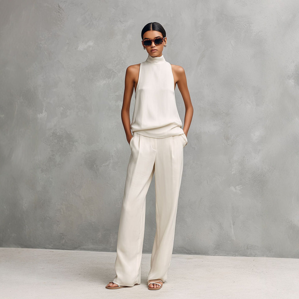 Sleeveless Turtleneck Top And Wide-leg Pants Set by Ricaloux