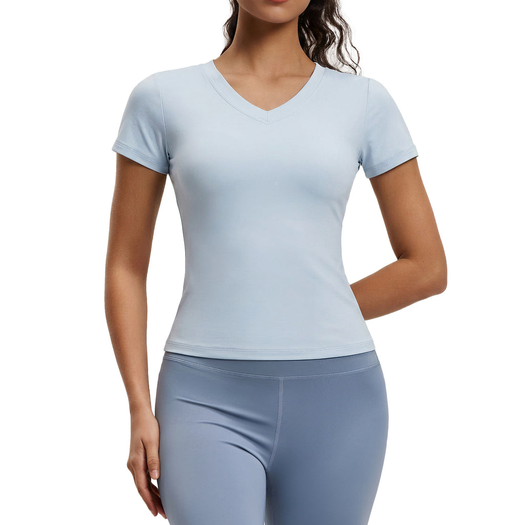 Peach Basic V-neck Short Sleeve Sports Top, Breathable Slim-fit Yoga Shirt For Fitness And Running – Premium 4 | RICALOUX