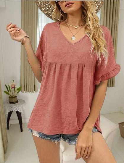 Solid-color Casual Short-sleeve Shirt For Women by Ricaloux