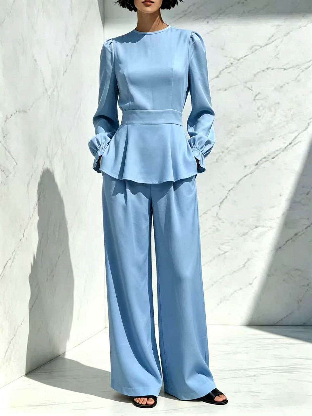 Fitted Waist Long-sleeve Pants Set by Ricaloux