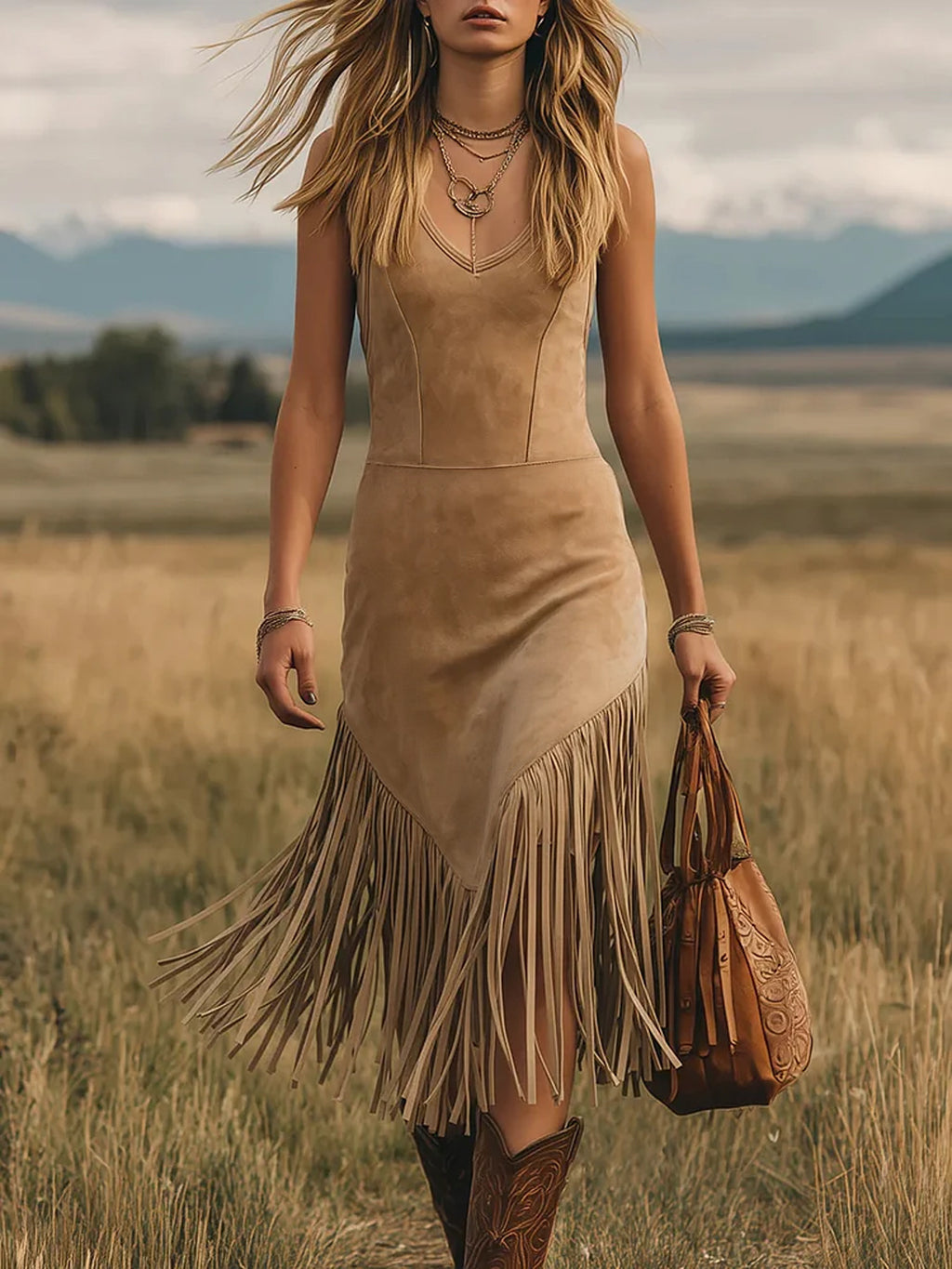 Suede Western Style Tassel Dress by Ricaloux