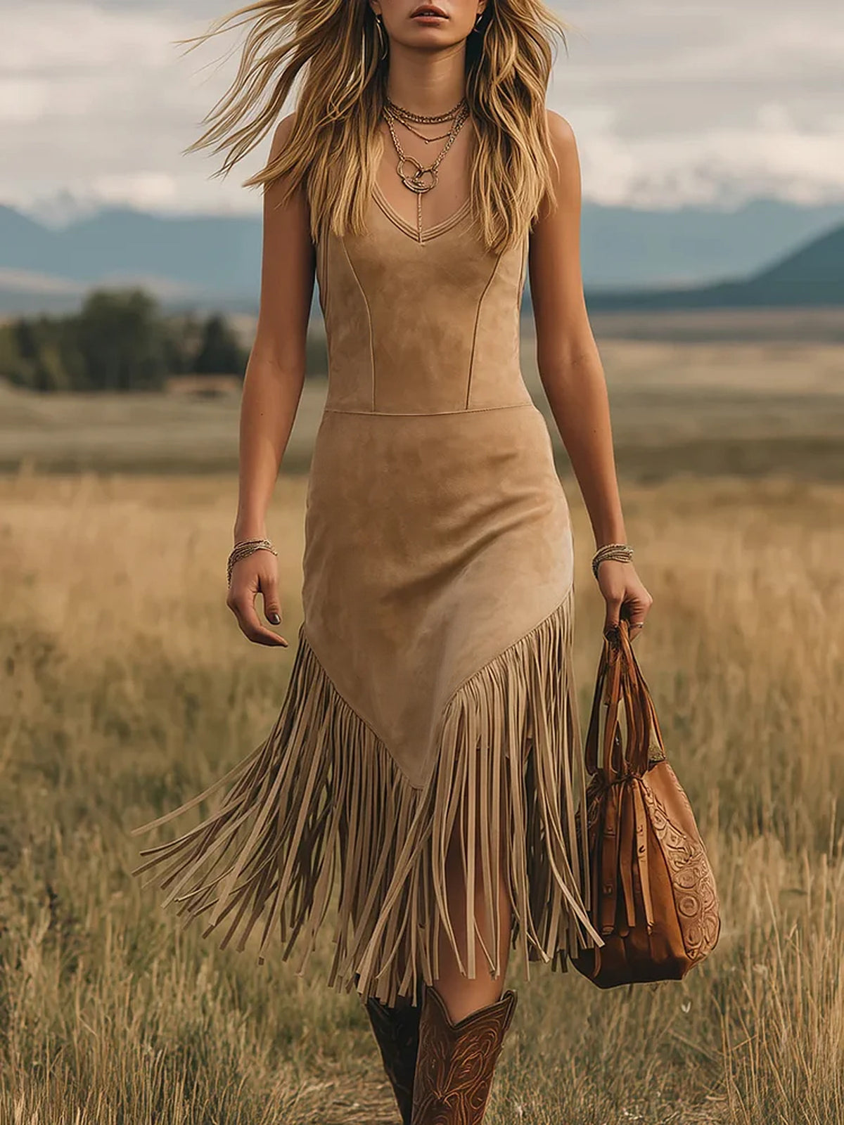 Suede Western Style Tassel Dress by Ricaloux
