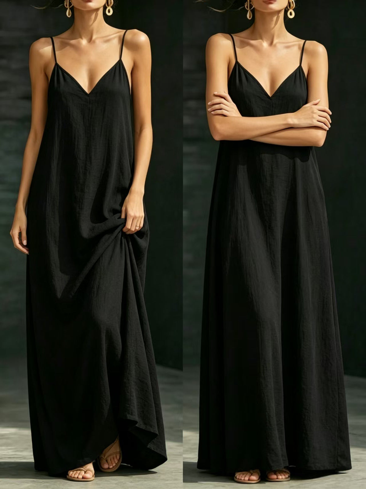 Summer V-Neck Spaghetti Strap Flowy Maxi Dress - Casual Fashion Solid Color Long Dress For Women Vaction Dress – Premium 4 | RICALOUX