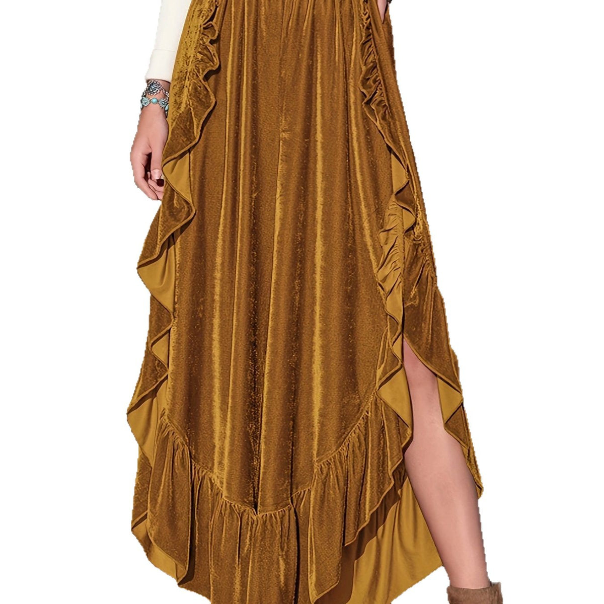 Casual Chic Velvet Skirt With Ruffled Hem And Side Slit by Ricaloux