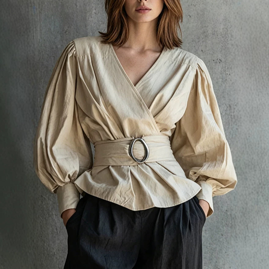 Womens V-neck Blouse With Ruffled Cuffs And Puff Sleeves by Ricaloux