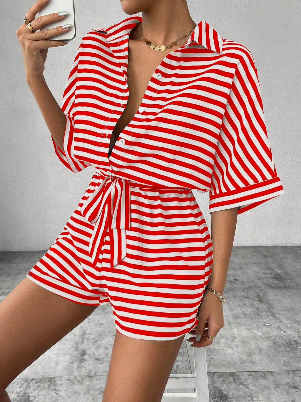 Women's Short Sleeve Striped Short Jumpsuit, Button Front Design With Waist Belt – Premium 4 | RICALOUX