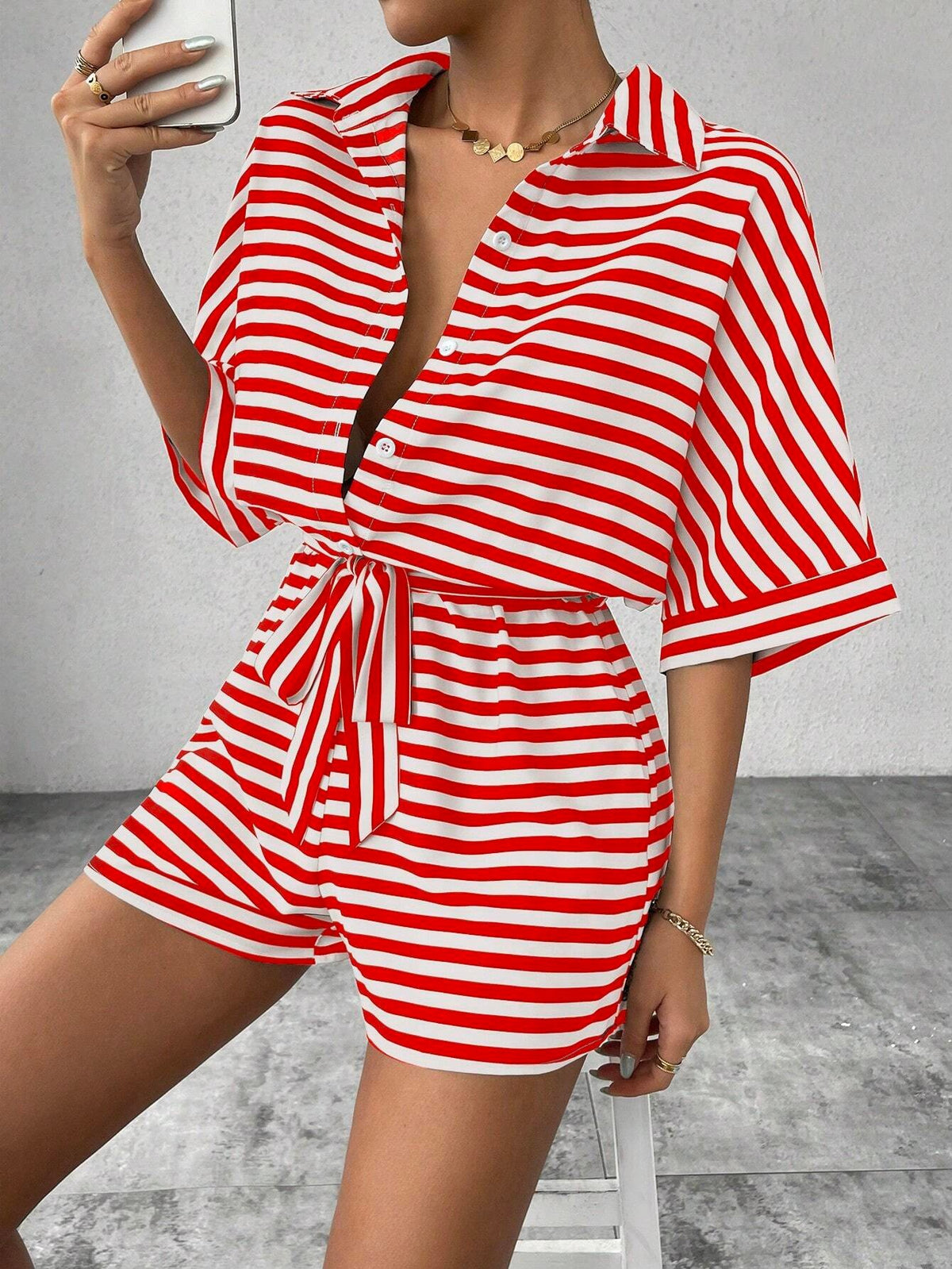 Women's Short Sleeve Striped Short Jumpsuit, Button Front Design With Waist Belt – Premium 4 | RICALOUX