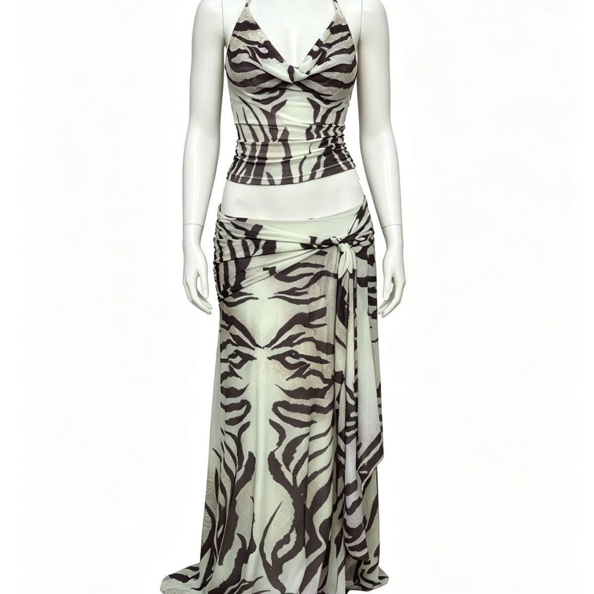 New Striped Halter-neck Midriff-baring Long Skirt Set by Ricaloux