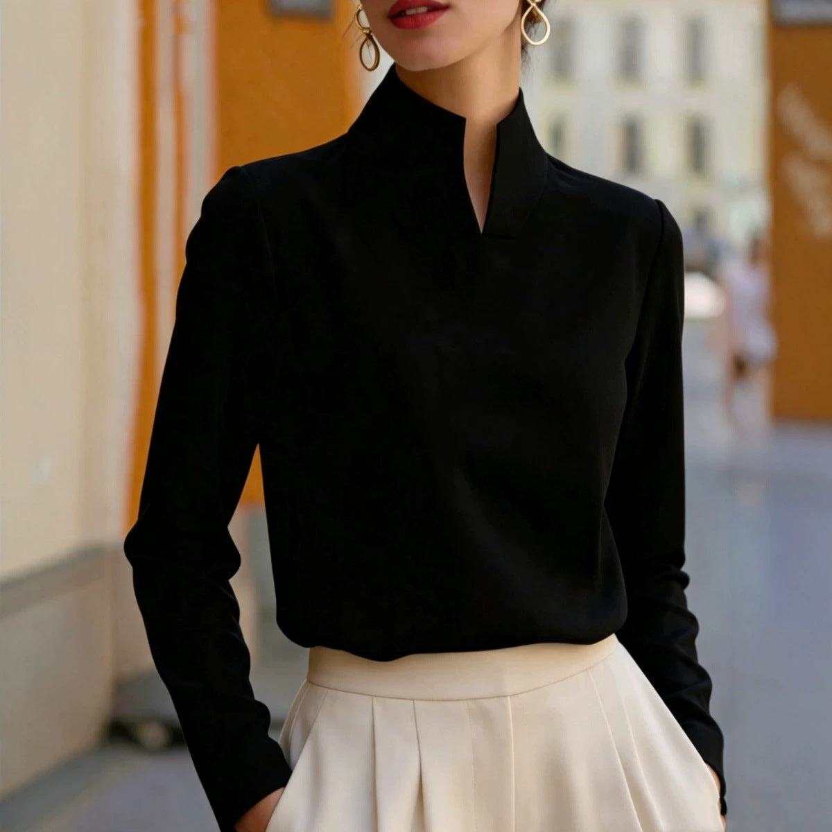 New Chinese-style Mandarin-collar Long-sleeve Blouse Niche Office-chic Top For Women – Premium 0 | RICALOUX
