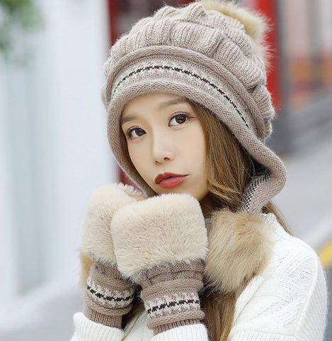 Cozy Knit Fleece-Feel Beanie With Ear Flaps & Pompom Warm Winter Hat For Women Perfect For Skiing & Outdoor Activities - RICALOUX