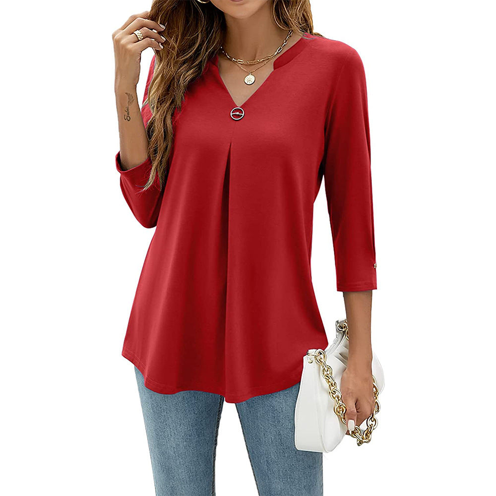 Womens Solid-Color V-Neck Pleated T-Shirt With Three-Quarter Sleeves And Button Accents – Premium 0 | RICALOUX
