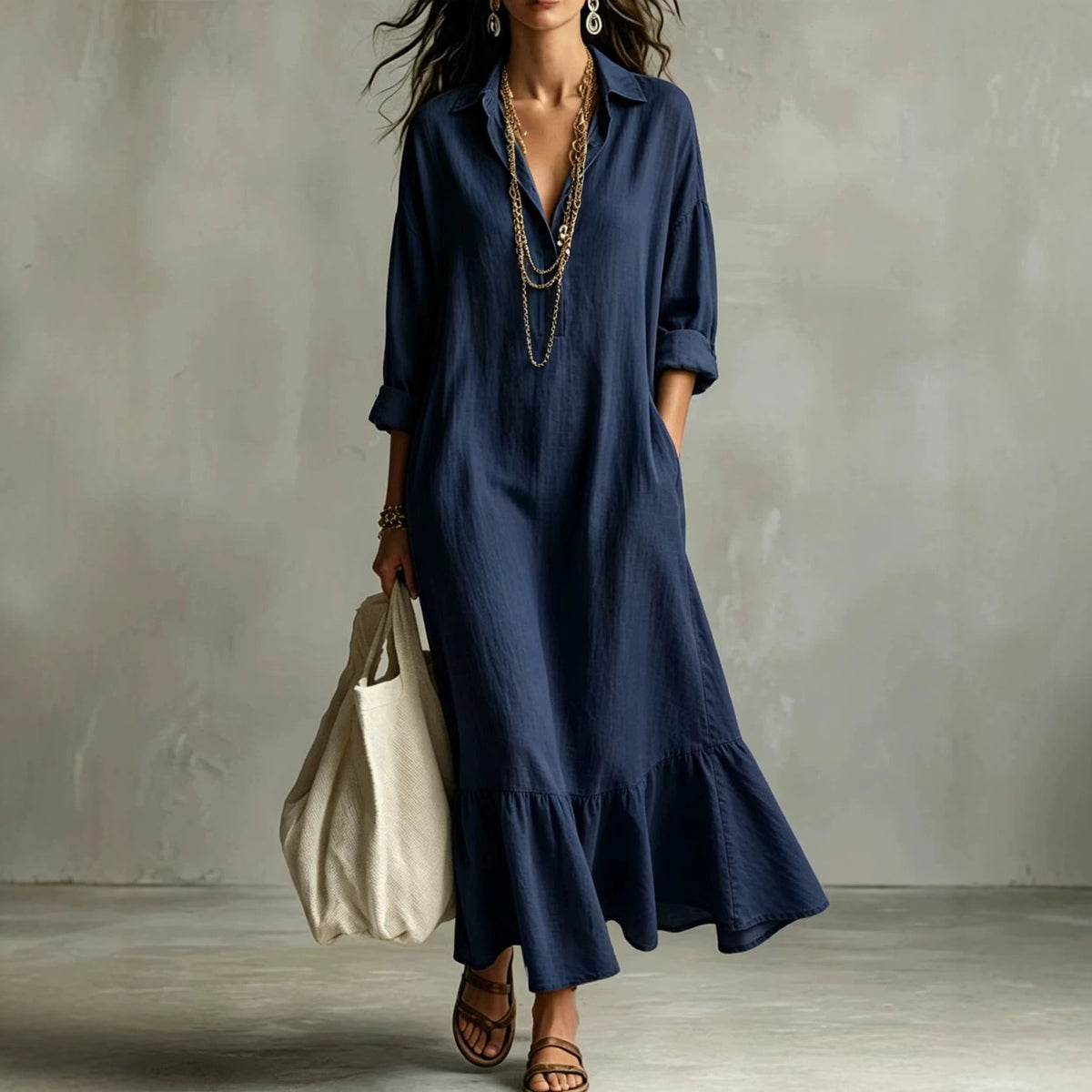 Turn-down Collar Fishtail Casual Loose-fit Figure-flattering Shirt Dress by Ricaloux