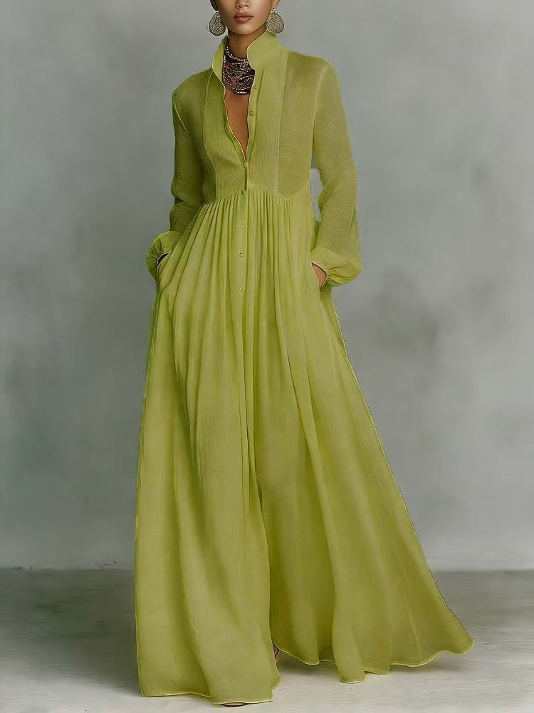 Elegant Stand Collar Button Down Maxi Dress - Long Sleeve Pleated Flowy Gown With Pockets – Premium 4 | RICALOUX