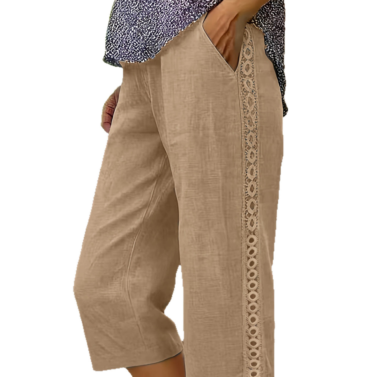 Elegant Side-rimmed Slanted-pocket Casual Capri Pants by Ricaloux