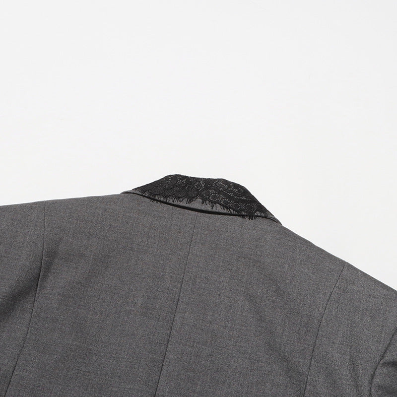 Elegant Grey Blazer Featuring A Lace-paneled Embroidered Lapel – Premium 4 | RICALOUX