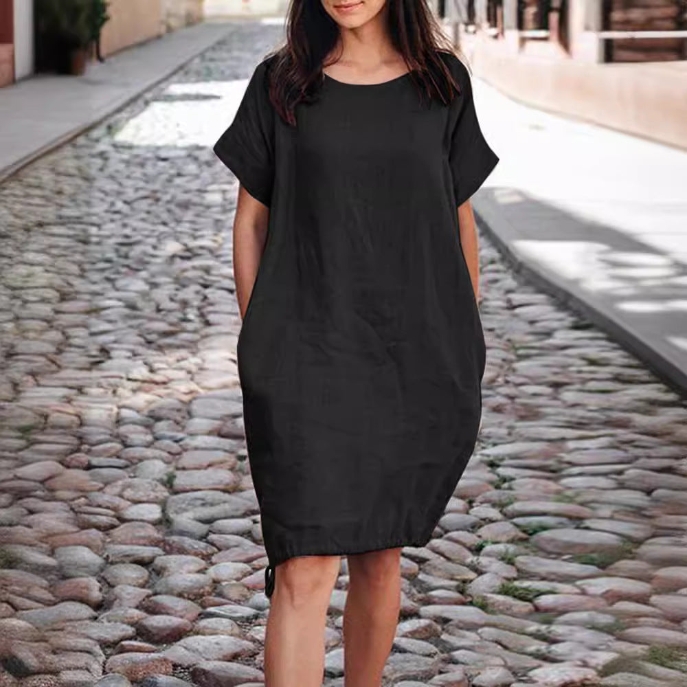 Casual Womens Solid-color Loose-fit Short-sleeve Cotton-linen Dress by Ricaloux