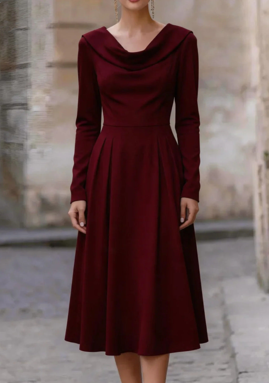 Elegant Boat-neck Satin Long-sleeve Waist-cinched Midi Evening Gown – Premium 0 | RICALOUX